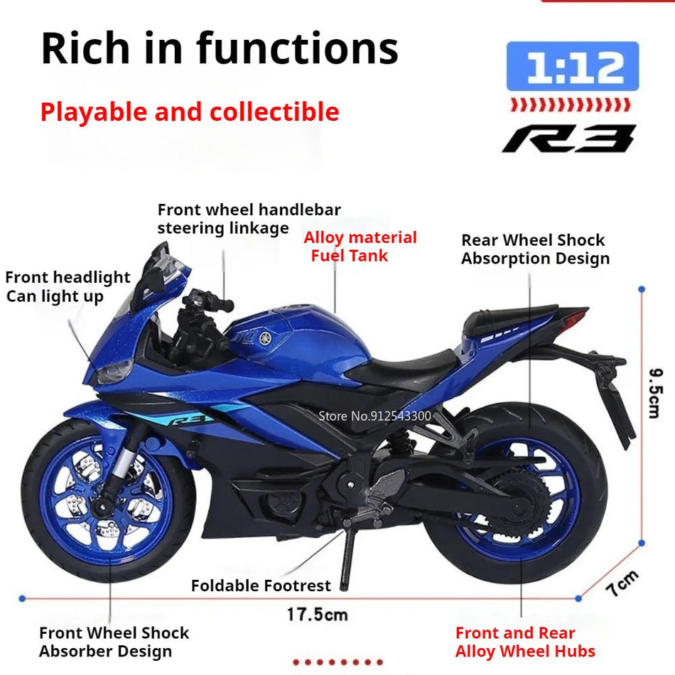 Model motocikla R3 V-REX v merilu 1:12 iz diecast materiala z aluminijastim ohišjem, pnevmatikami in zvokom.