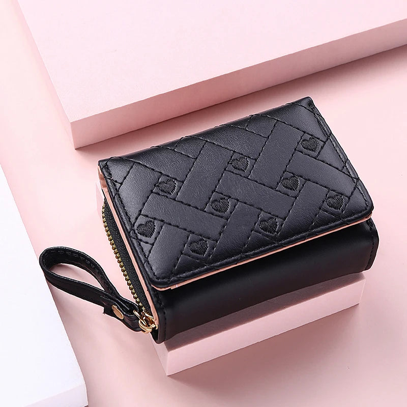 Korean Minimalist Embroidered Love Pattern Tri-Fold PU Wallet for Women black