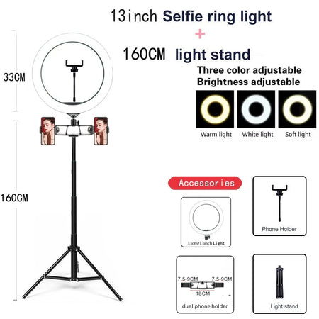 LEAFILLIGHT 26/33cm LED Selfie Ring Light with Tripod and Bluetooth Remote 33cmLight 160tripod