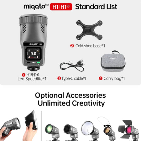 JINBEI H1 Round Head LED Speedlite - 2 in 1 Flash &amp; Video Light for Canon, Nikon, Sony