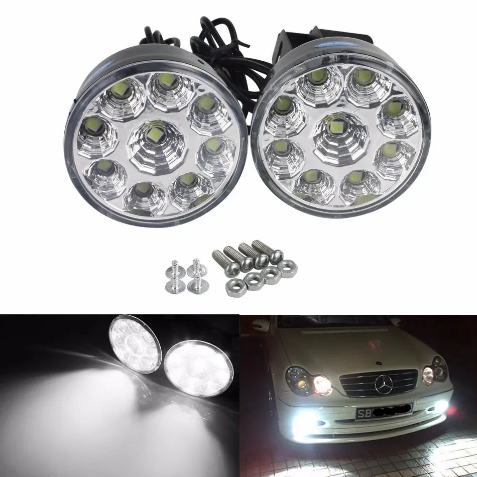 9 Luzes de Circulação Diurna Redondas Brancas LED 70mm para Carros 12V