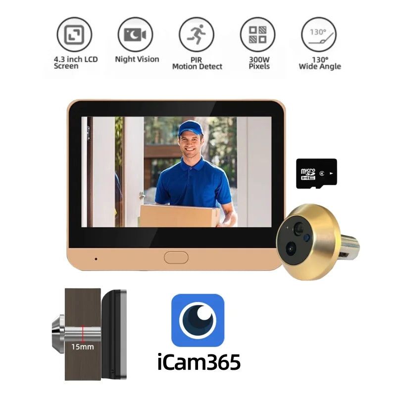 iCam365 3MP Outdoor WiFi Peephole Video Door Camera &ndash; HD Gold With 64G / CHINA