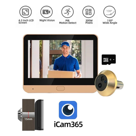 iCam365 3MP Outdoor WiFi Peephole Video Door Camera &ndash; HD Gold With 64G / CHINA
