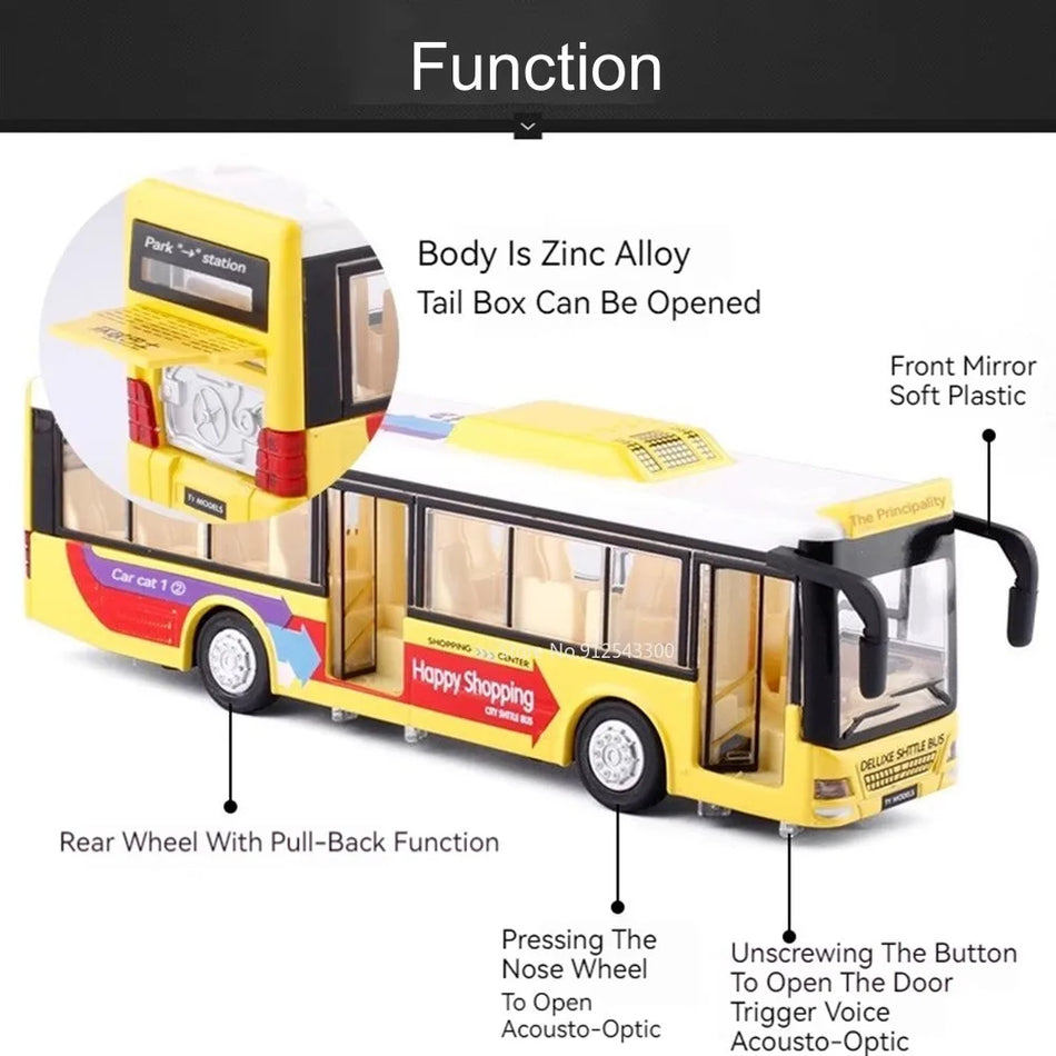 Jucărie autobuz din metal turnat cu sunet și lumină, cu retragere, 3 uși deschise