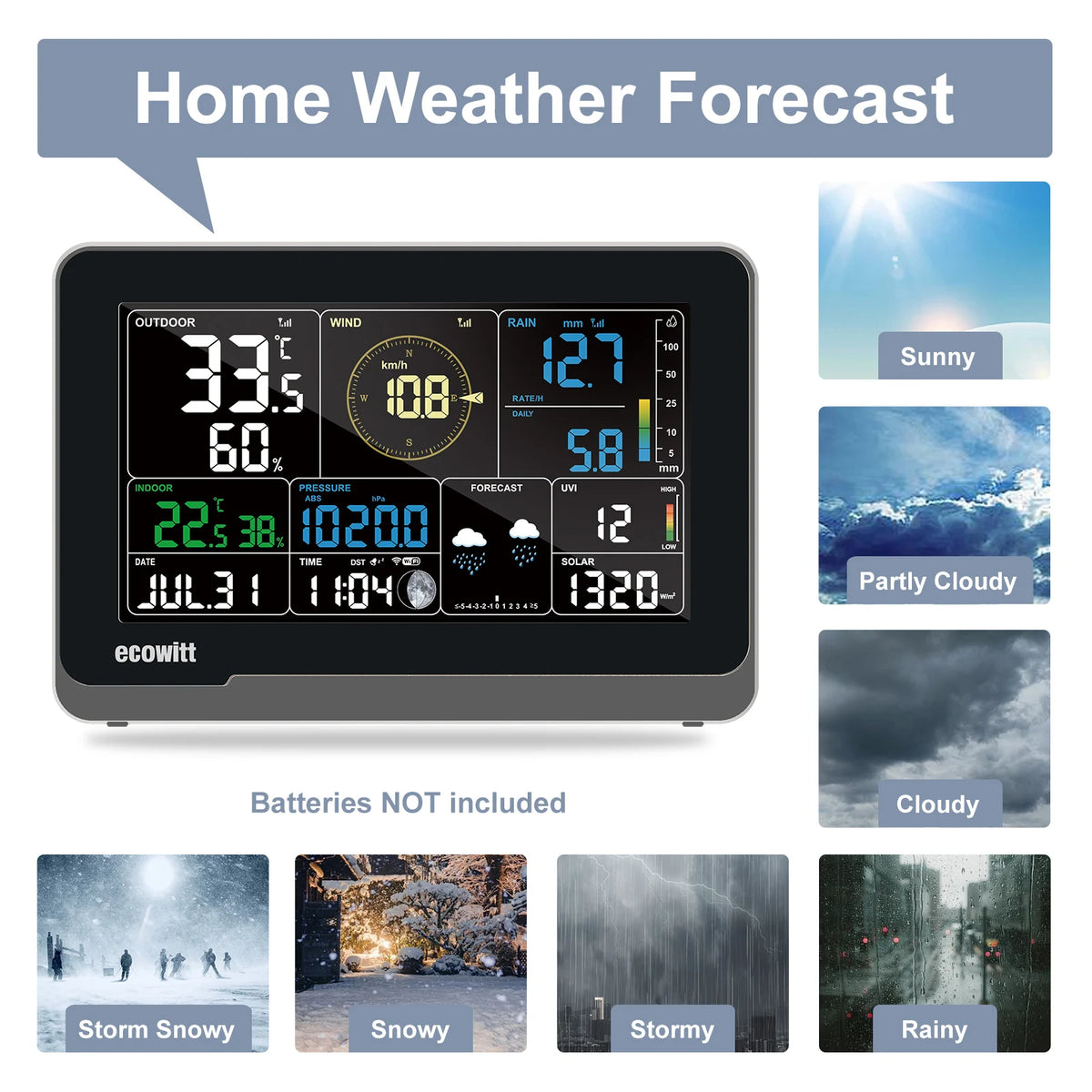 Ecowitt WS3900 Wi-Fi Weather Station with 7-in-1 Solar Sensor Array and 7.5-inch Colour Display