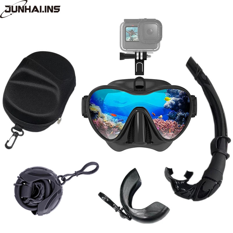 Wet GoPro Mount Diving Mask &amp; Snorkel Set with Camera Mount - Low Volume, Tempered Glass Black Set 2 GoPro