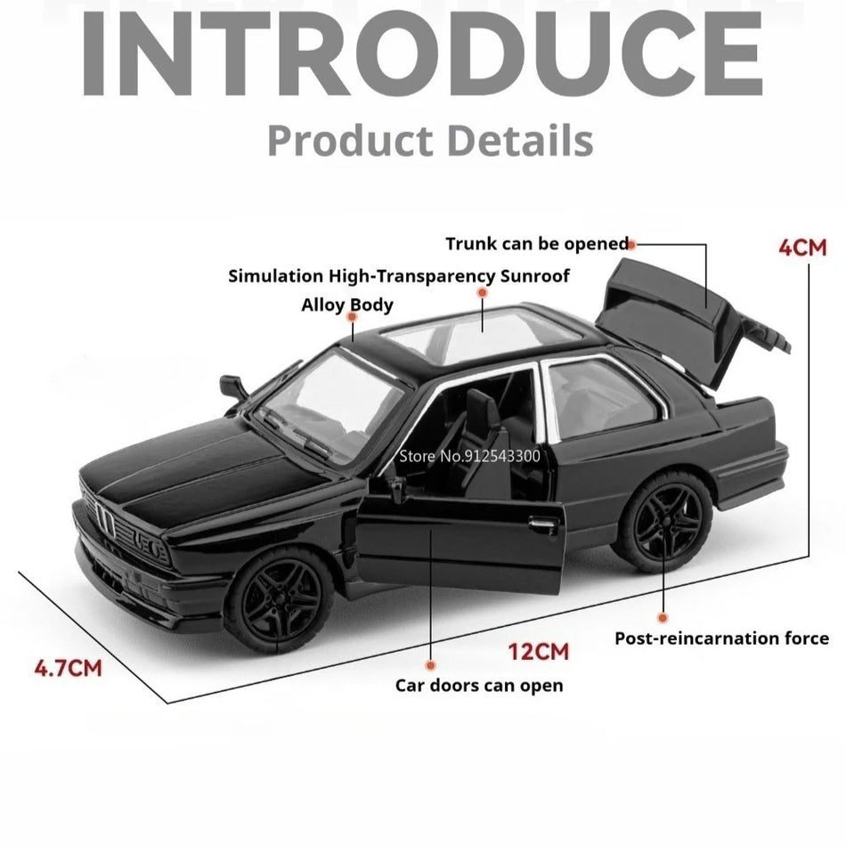 Diecast 1:36 M3 športni avtomobil model igrača, zlitina karoserije, povleci nazaj, vrata se odprejo