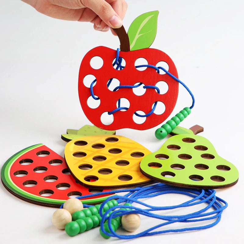 Educational Wooden Lacing Fruit Toy Set - Threading Activity Puzzle for Toddlers' Fine Motor Skills
