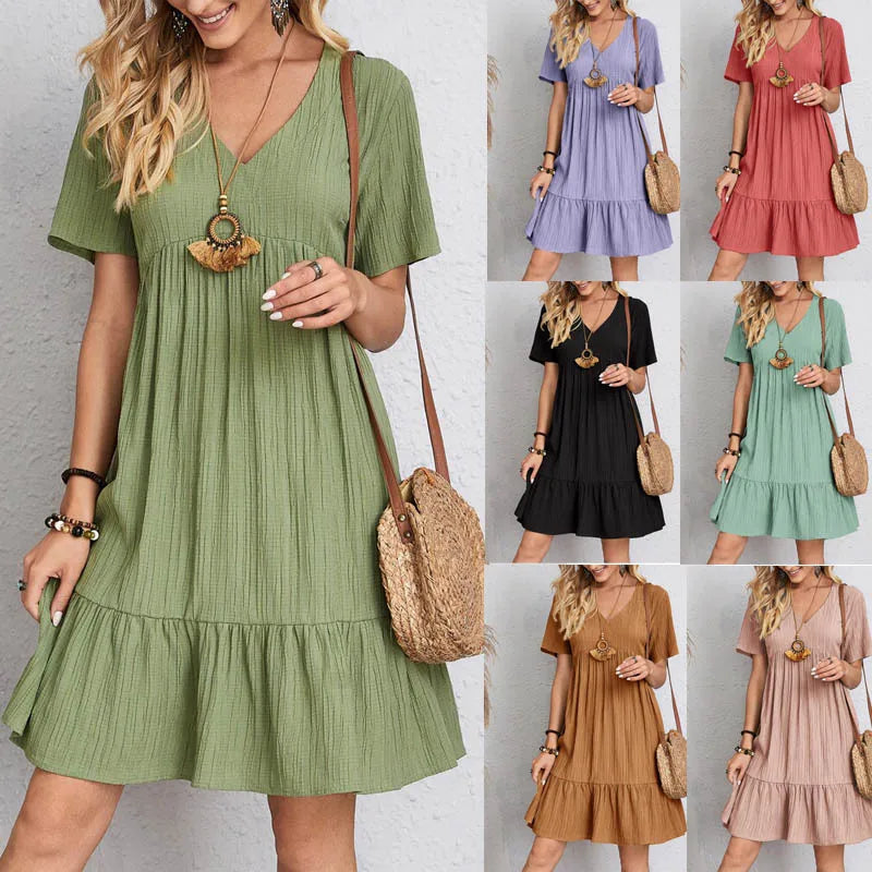 Elegant A-Line Mini Dress with V-Neck and Short Sleeves for Summer