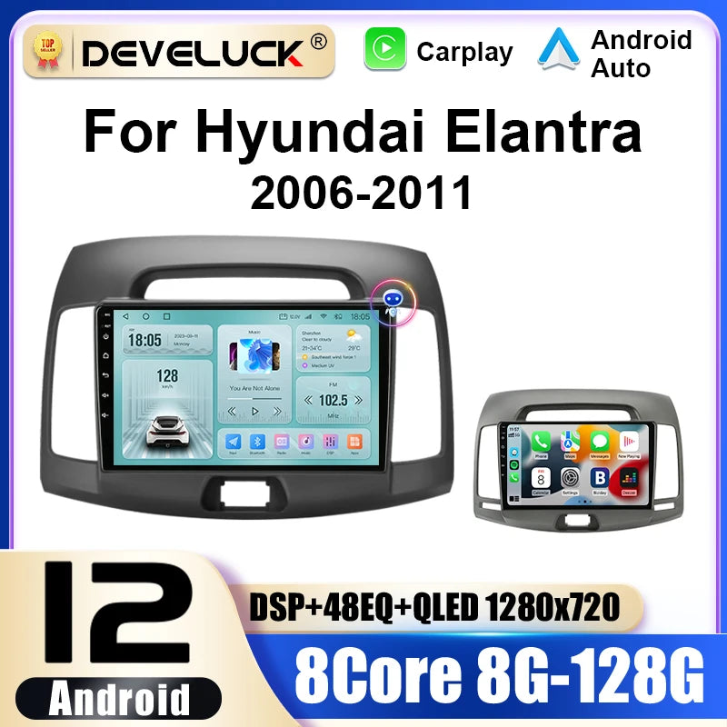 Automobilio radijas Hyundai Elantra 2006-2011 Android 12 9 colių Double-DIN vairo valdymas CAN-BUS
