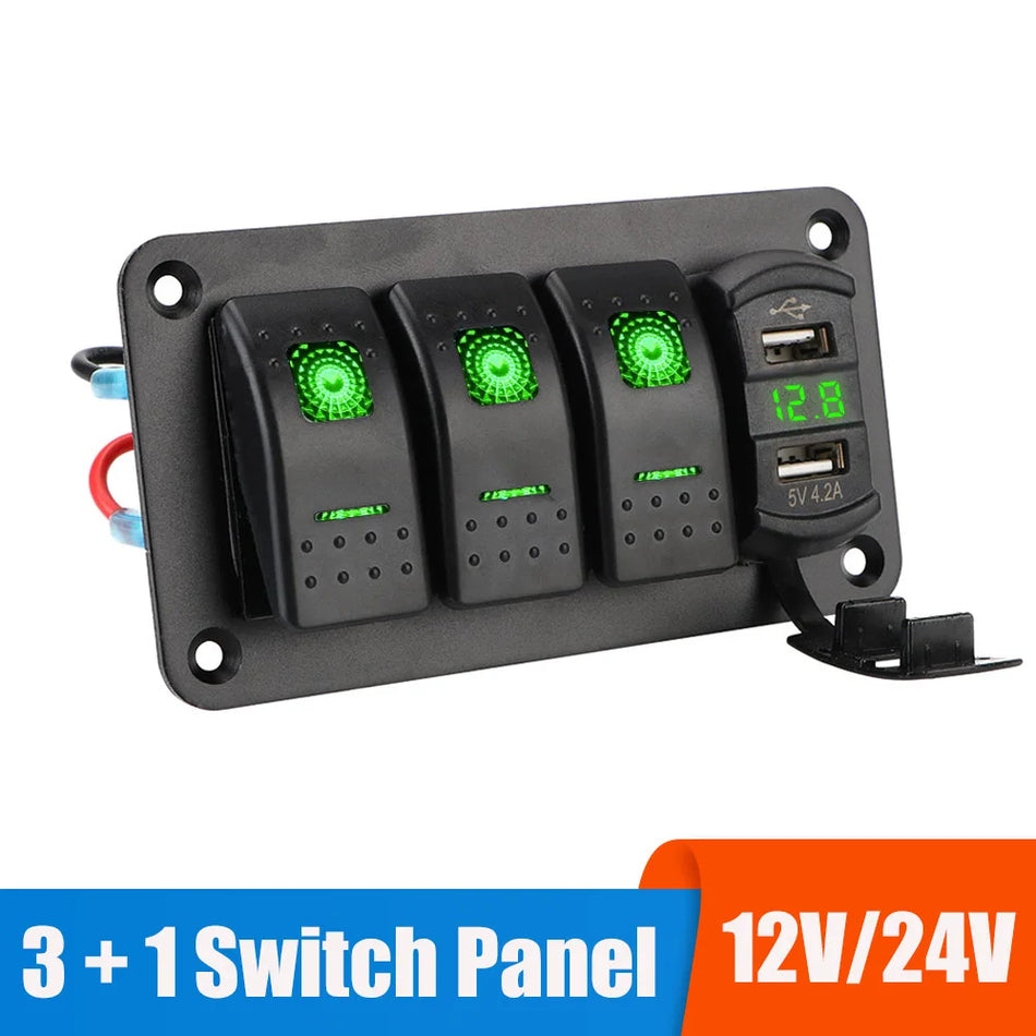 24V 12V Jungiklio Pultas Su 3 Mygtukais, Voltų Matuoklis USB 3.0 Įkrovikliai Laivui