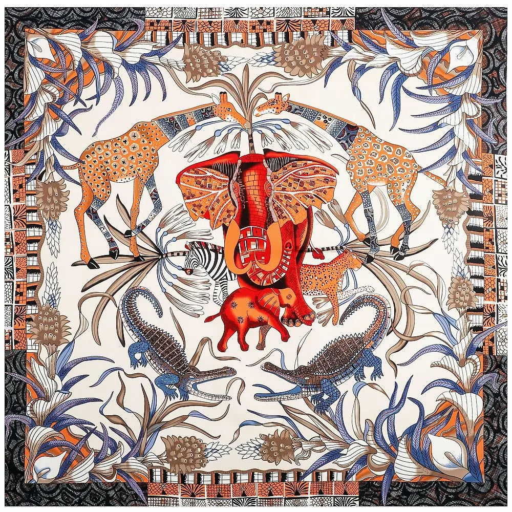 InterCyprus Twill Silk Scarf &ndash; Captivating Giraffe Print Design A / 130X130CM