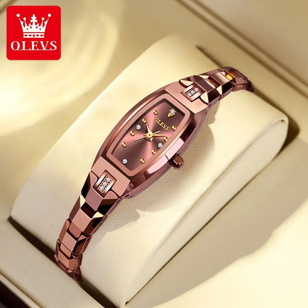 OLEVS Elegant Diamond Quartz Watch for Women with Tonneau Tungsten Steel Band