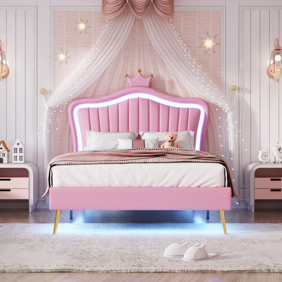 Růžový korunní dětský rám postele 90x200 PU kůže s LED