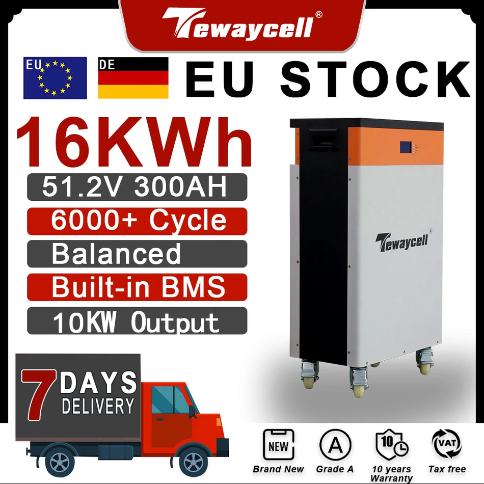 15KWh 300Ah LiFePO4 Güç Duvarı Batarya Paketi Dahili BMS ile, 51.2V ve 48V, CAN RS485, 6000 Döngü, Vergisiz