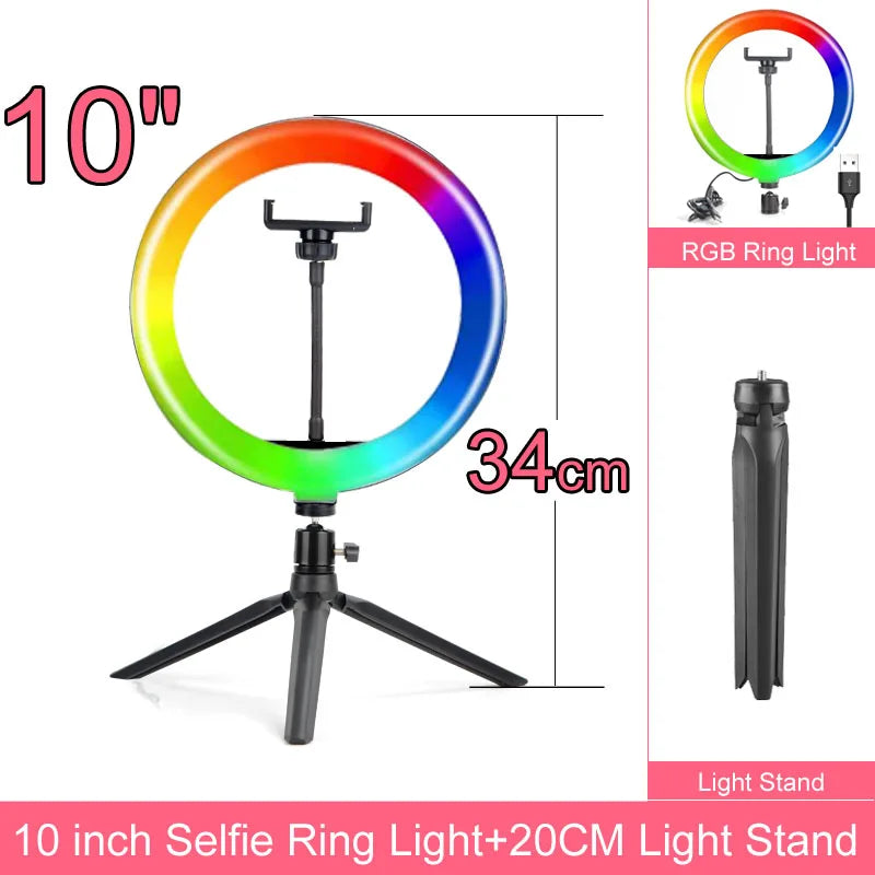 Dimmable RGB LED Selfie Ring Light with Adjustable Tripod 10 inch 20cm RGB