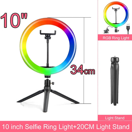 Dimmable RGB LED Selfie Ring Light with Adjustable Tripod 10 inch 20cm RGB