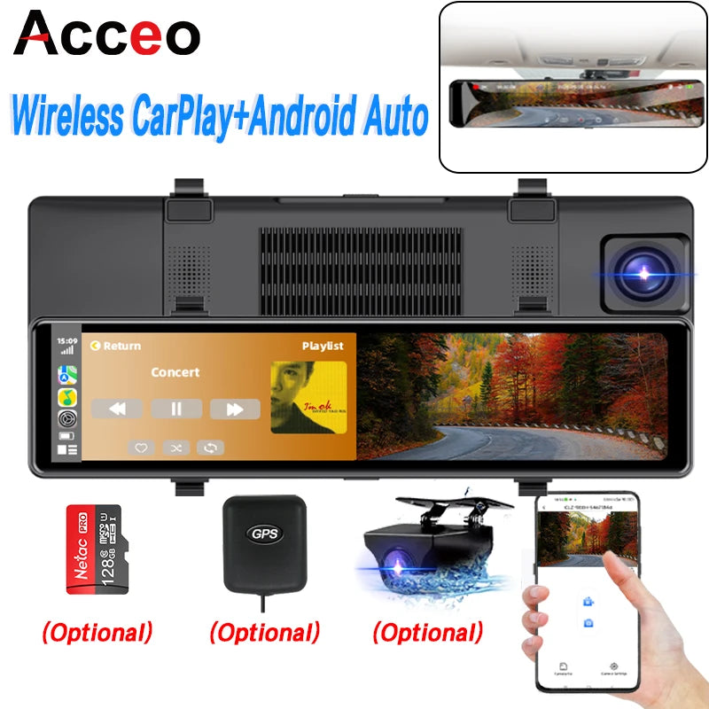 Acceo 4K Dashcam Rearview Mirror Car DVR - Wireless CarPlay
