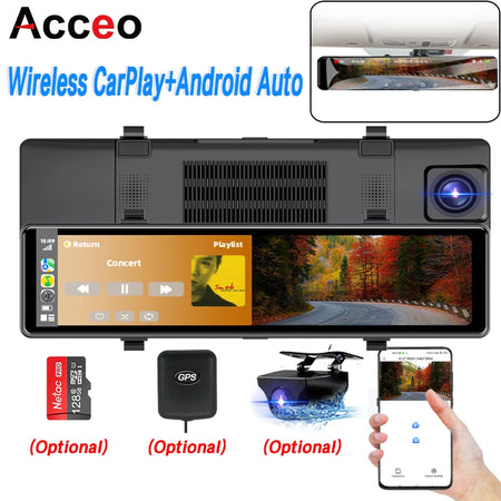 Acceo 4K Dashcam Rearview Mirror Car DVR - Wireless CarPlay