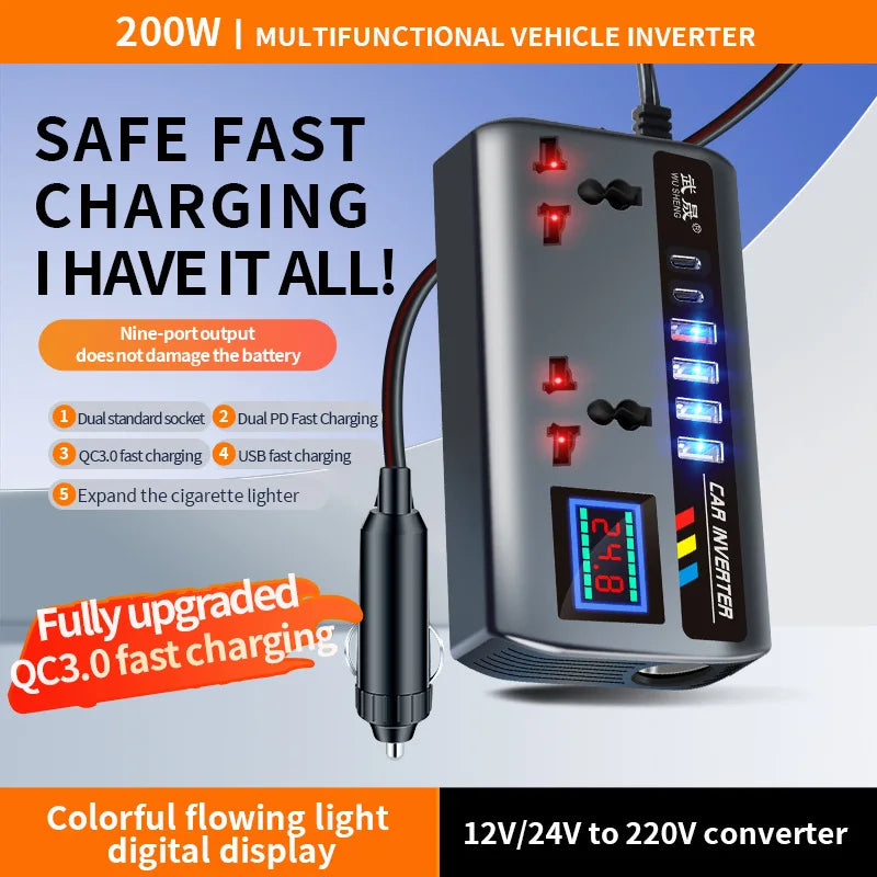 Auto-omvormer van 12V/24V naar 220V met 9 snellaadpoorten en USB-C
