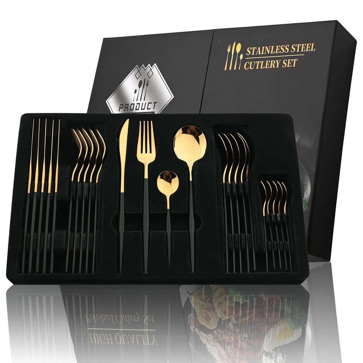 KNGZI 24Pcs Black Handle Golden Cutlery Set &ndash; Elegant Stainless Steel Flatware for Any Occasion