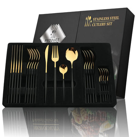 KNGZI 24Pcs Black Handle Golden Cutlery Set &ndash; Elegant Stainless Steel Flatware for Any Occasion