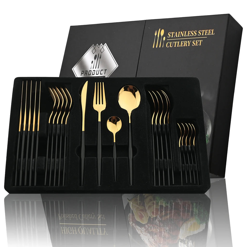 KNGZI 24Pcs Black Handle Golden Cutlery Set &ndash; Elegant Stainless Steel Flatware for Any Occasion