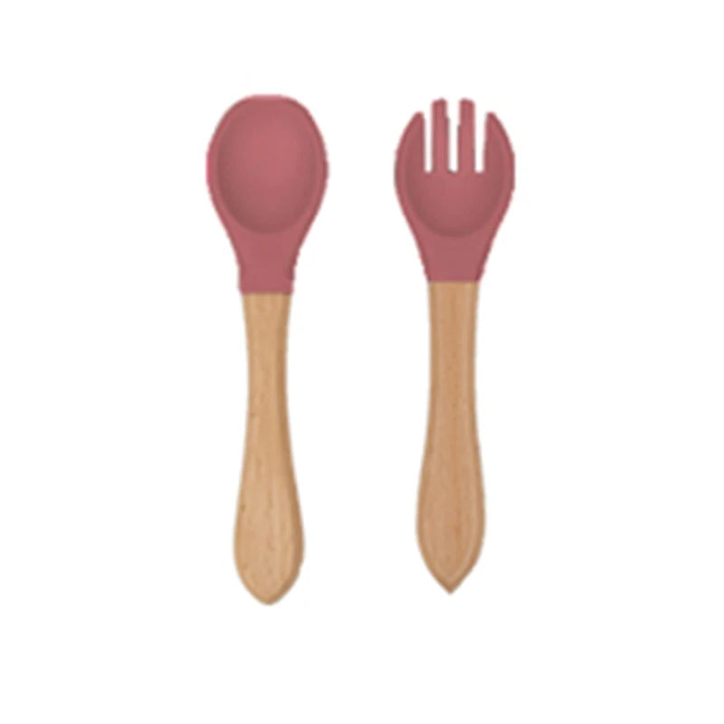 Soft Silicone Fork and Spoon Set for Babies Dark Pink-2Pcs