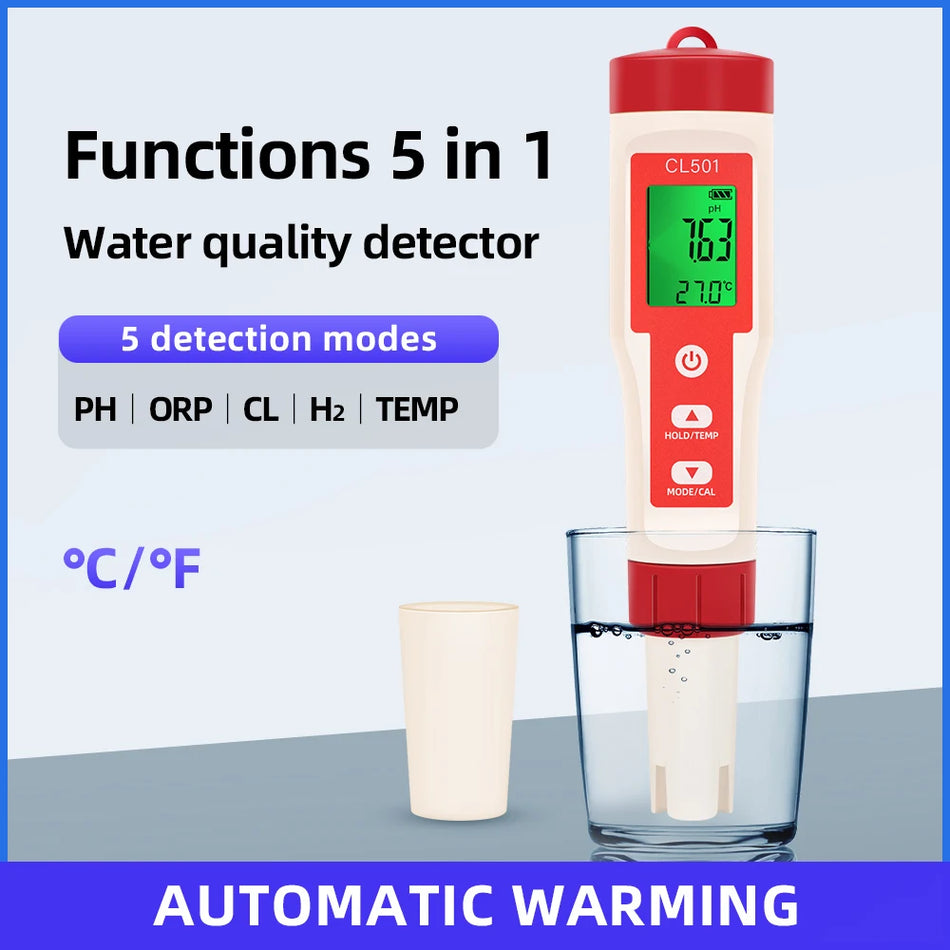 Mètre de chlore 5-en-1 avec pH, ORP, température, détecteur de Cl2 pour l'eau de piscine