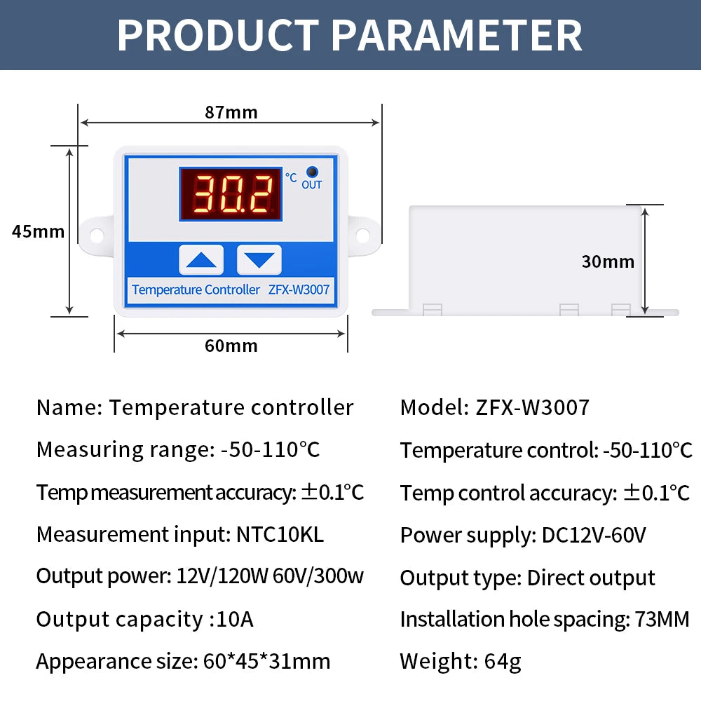 ZFX-W3007 Temperature Controller &ndash; Red Display NTC Probe