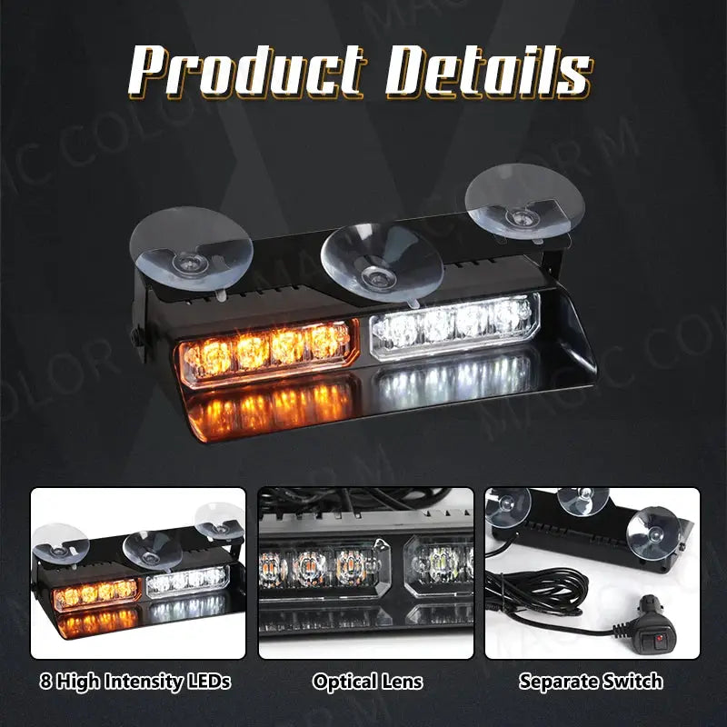 LED Car Strobe Light For Emergency Flash Warning Lamp Windshield Bar 8 Beads Red Blue Amber White Waterproof Auto Light Assembly by InterCyprus Trading Ltd
