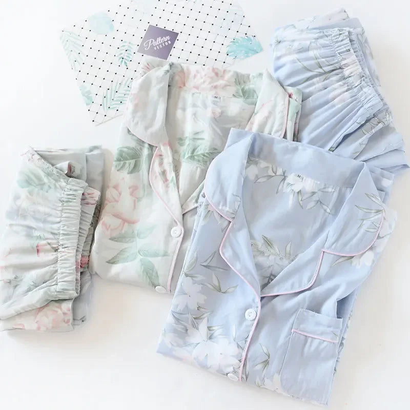 Japanese Style Women's Viscose Pajama Set - Floral Print, Long-Sleeve