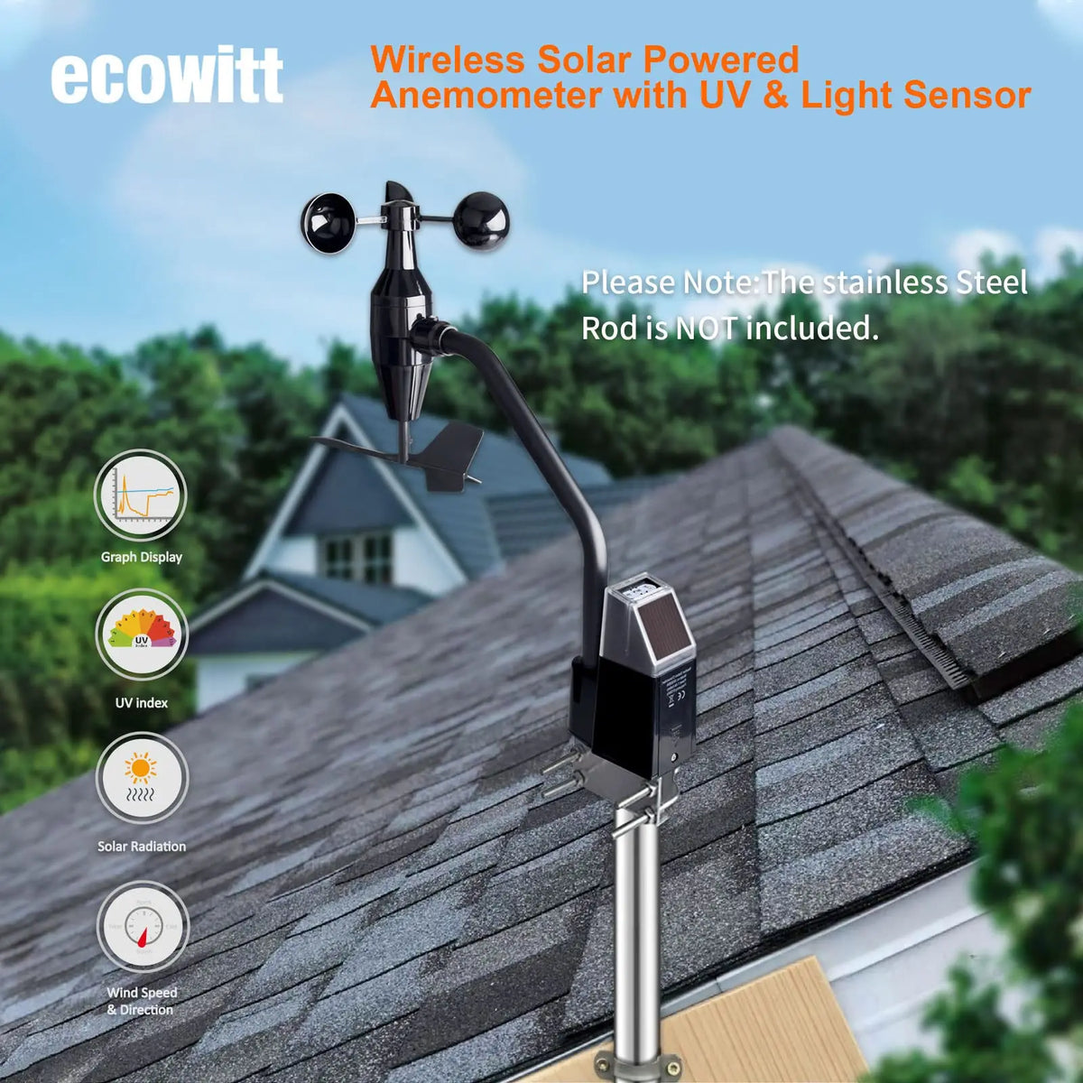 Ecowitt WS68 Solar Powered Wireless Anemometer Sensor for Wind Speed &amp; UV Measurement