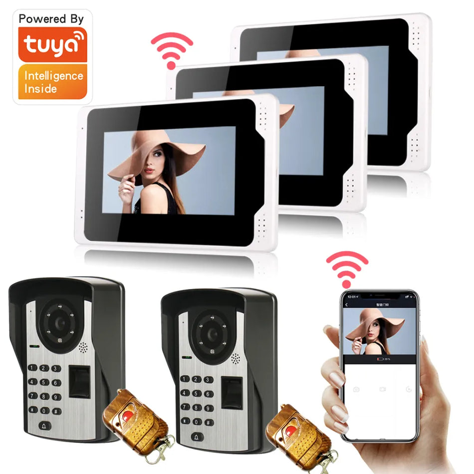 Ev için 7 inç Video Wifi Interkom Sistemi Tuya Akıllı Görüntülü Kapı Zili Kamera parmak izi şifre Kablolu 1080 P Dokunmatik Monitör