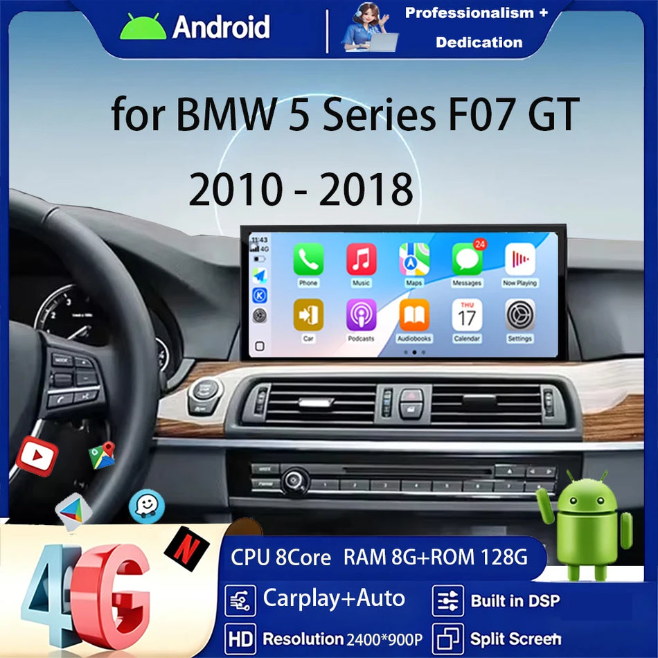 Navigație Ultra Subțire Android 16 CarPlay pentru BMW Seria 5 F07 GT cu sistem CIC NBT, 4G BT și ecran tactil de 12.3''