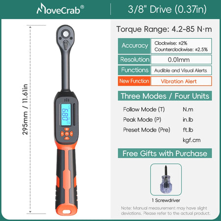 MOVECRAB Digital Torque Wrench 1.5-340N.m &ndash; High Precision with Buzzer and LED Notification 4.2-85N.m-vibration