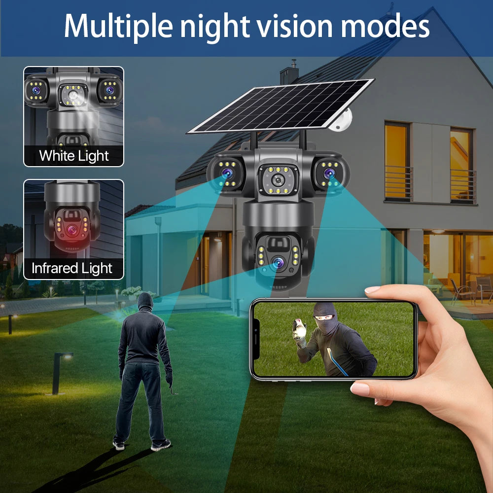 V380 Pro 3 Lens 4G IP Solar Camera HD 15 MP Outdoor Waterproof CCTV Night Vision Two-Way Audio Camera Mobile Tracking IP Camera