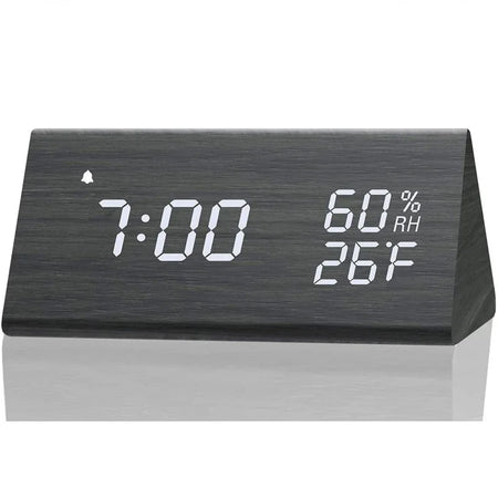 Wooden LED Digital Alarm Clock with USB Charger, Temperature &amp; Humidity Display Black