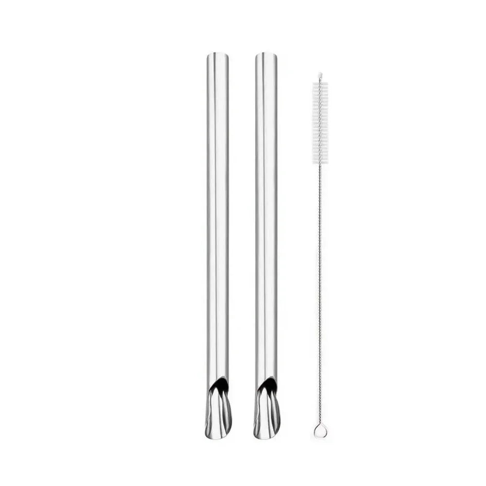 Straw Spoon Set &ndash; Reusable Stainless Steel for Smoothies and Milkshakes 2Pcs Silver