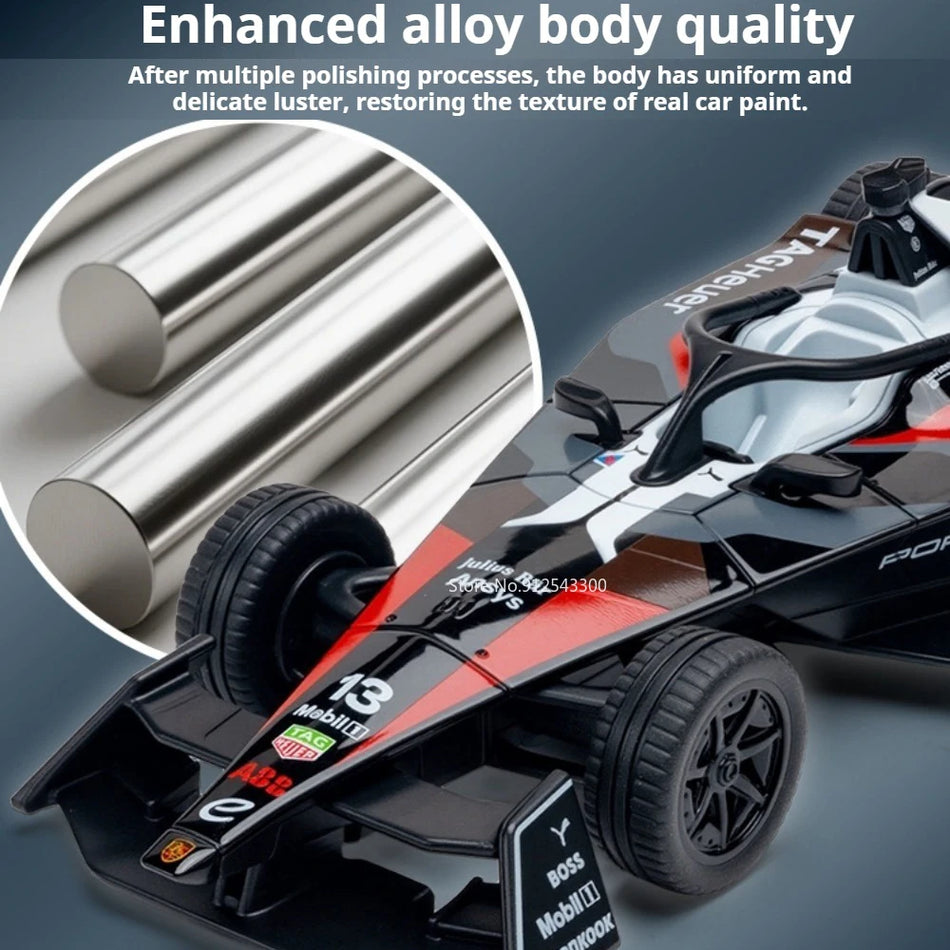 Mașină de jucărie Formula E la scară 1:32, caroserie din metal, mini racer durabil, cadou.