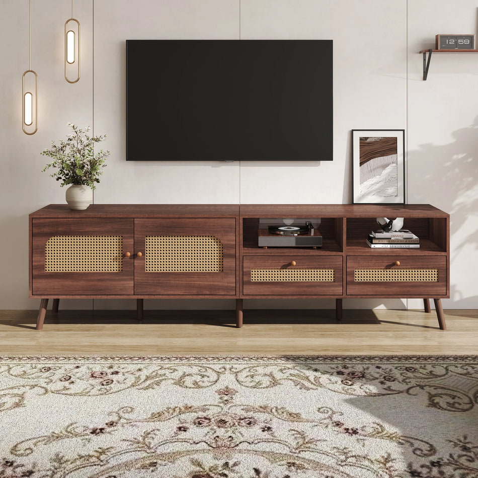 Mueble de TV Moderno Marrón 200x37x49.5cm Con Puertas de Ratán