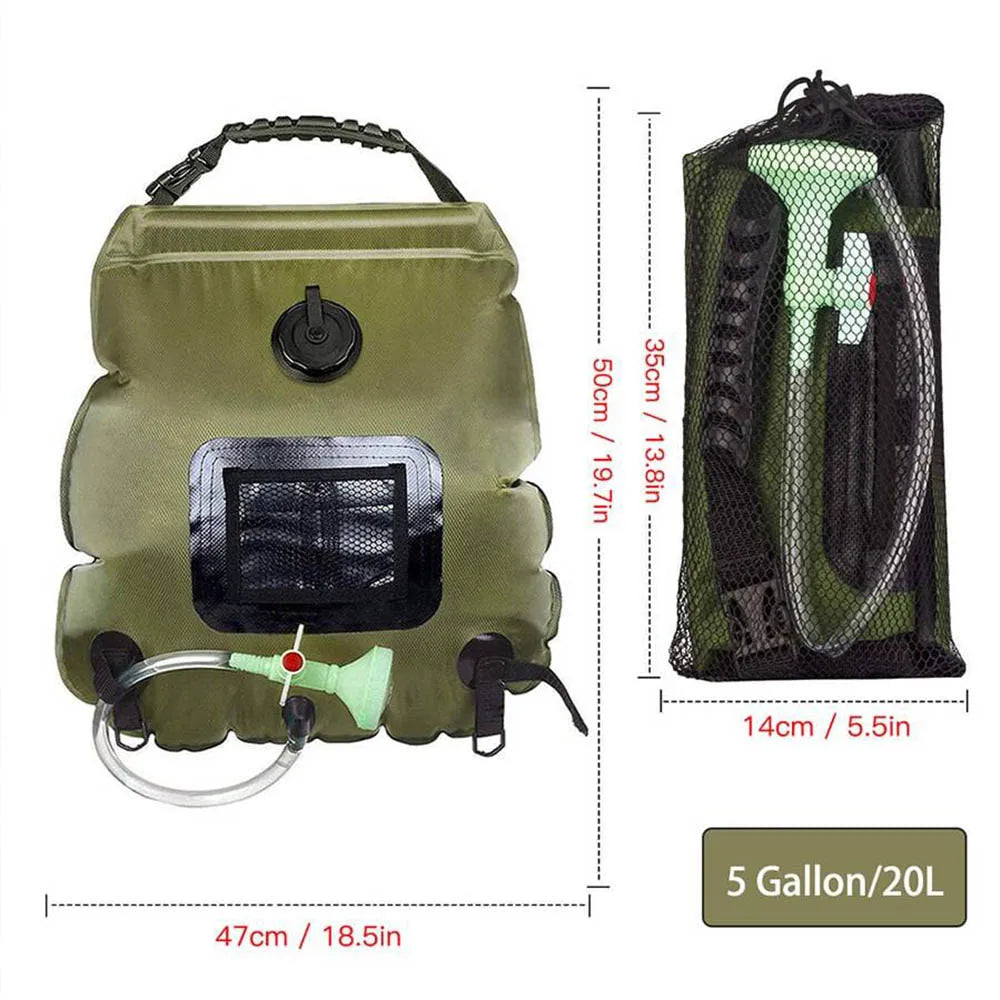 Solar Shower Bag 20L Outdoor Camping - Heats to 45&deg;C, Includes Hose &amp; Shower Head