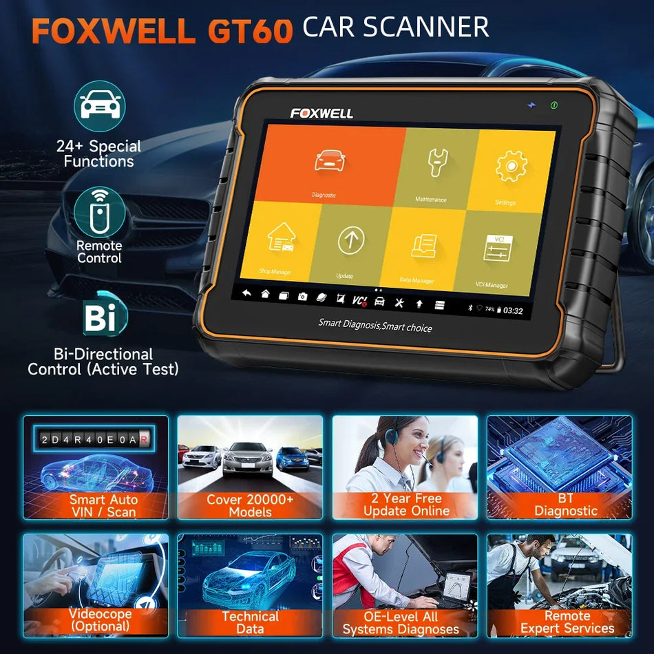 Foxwell GT60 Strumento Diagnostico OBD2 Bidirezionale Scansione Tutti i Sistemi Lettore Codici Auto Bluetooth 7 Pollici Con Aggiornamenti Gratuiti Per 2 Anni