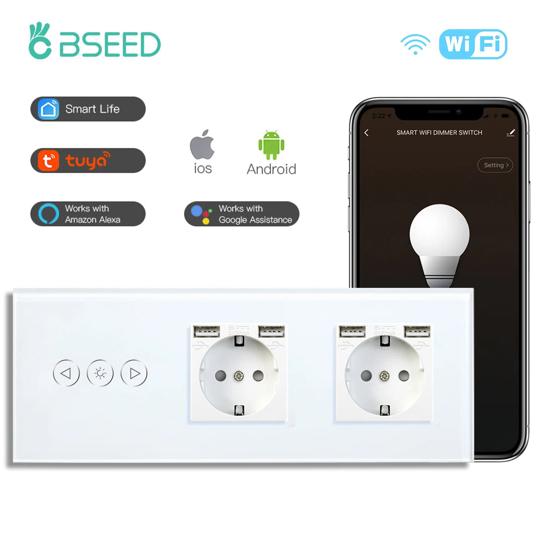 BSEED Wifi Dimmer Switch 1Gang &ndash; Alexa Ready Tuya Smart Life Dim USB Sockets / EU standard