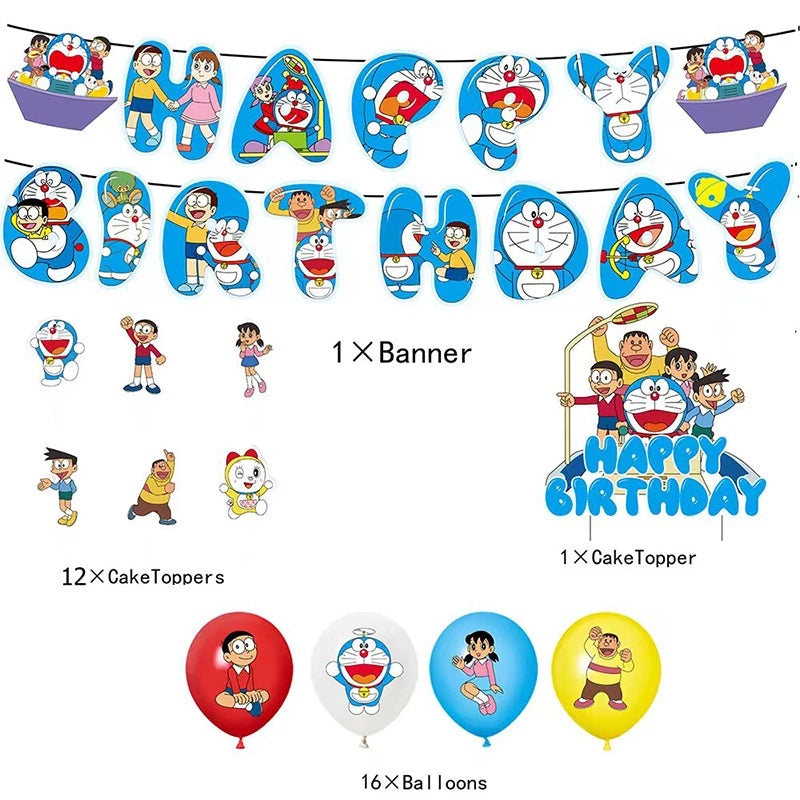 Doraemon Birthday Party Decoration Set with Banner, Cake Topper &amp; Balloons