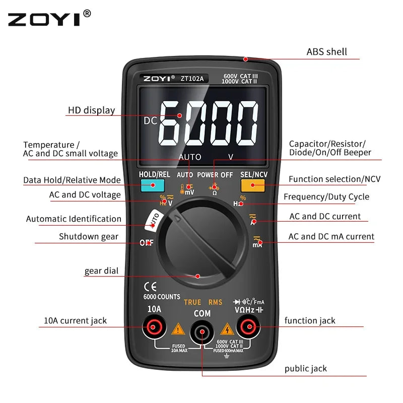 ZOYI 102A Digital Multimeter 6000 Räkningar med Transistor Tester, Automatisk Område