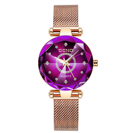 SENO Ocean Star Luxury Rose Gold Women's Crystal Bracelet Watch mesh purple
