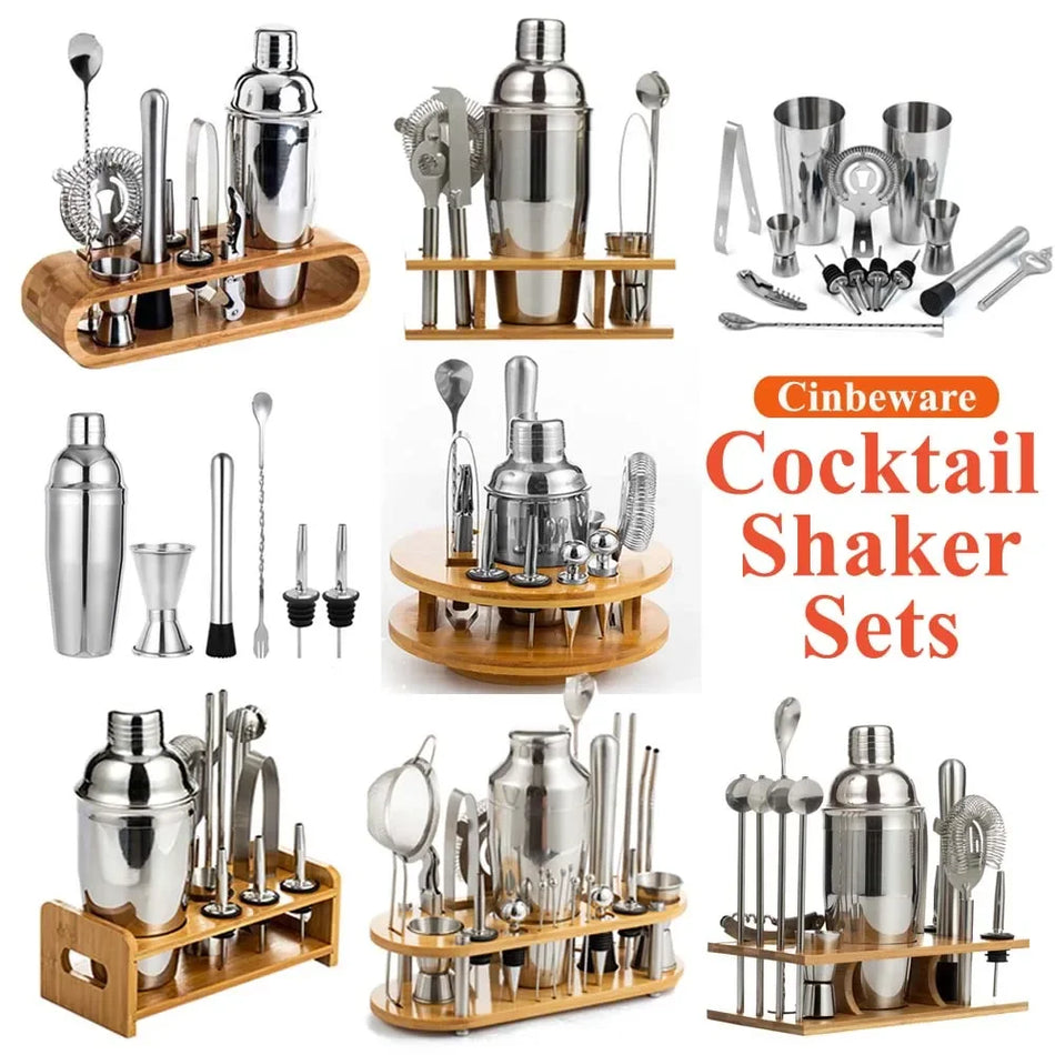 🟠 Stainless Steel Cocktail Shaker Set Mixer Bartender Kit Cobbler Boston Shaker Bars Set Tools Jigger Mixer Muddler Pourer Spoon