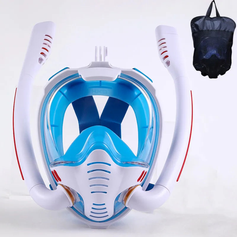 Snorkeling Mask Double Tube &ndash; Full Dry Underwater Breathing White Blue / L/XL