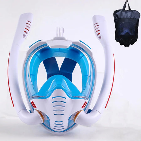 Snorkeling Mask Double Tube &ndash; Full Dry Underwater Breathing White Blue / L/XL